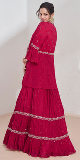 Exclusive designer Dark pink pure georgette dress with detailed embroidery lace Shrug